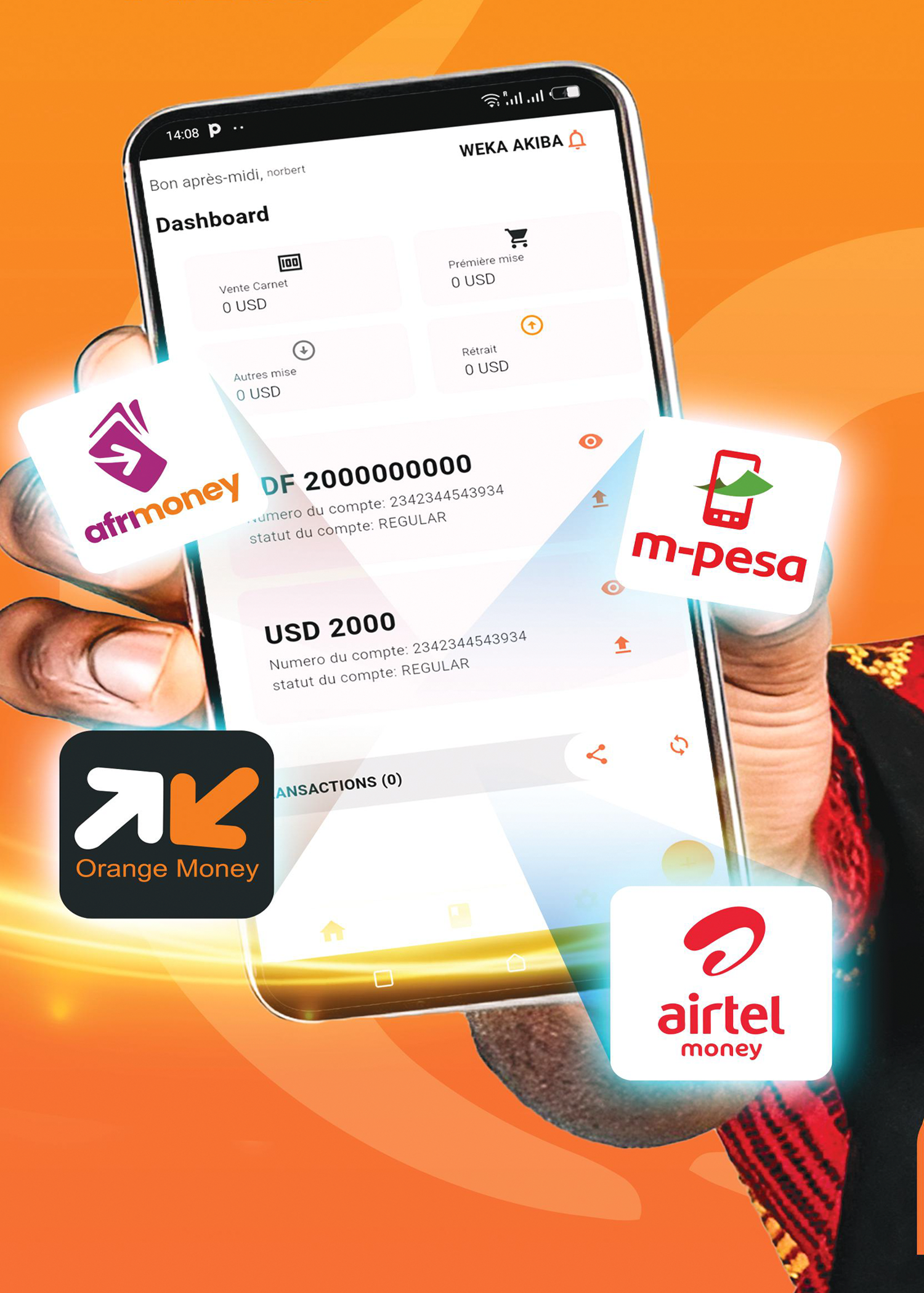 Agent WEKA AKIBA avec un POS dans un marché local